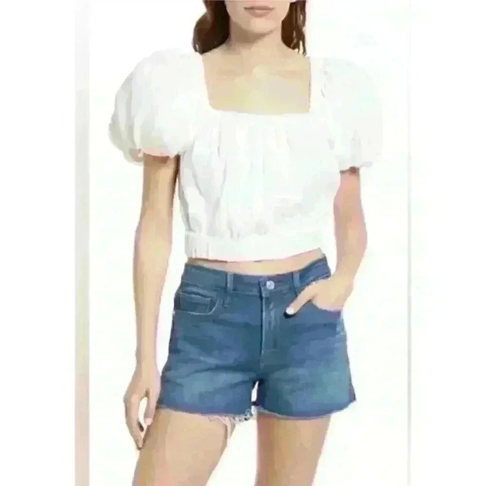 FRAME Ruched Crop Puff Sleeve top Blanc White Ramie Tie Medium $348 New beach